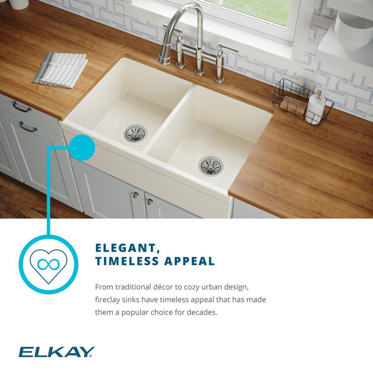 Elkay 33" White Fireclay Double Bowl Farmhouse Sink