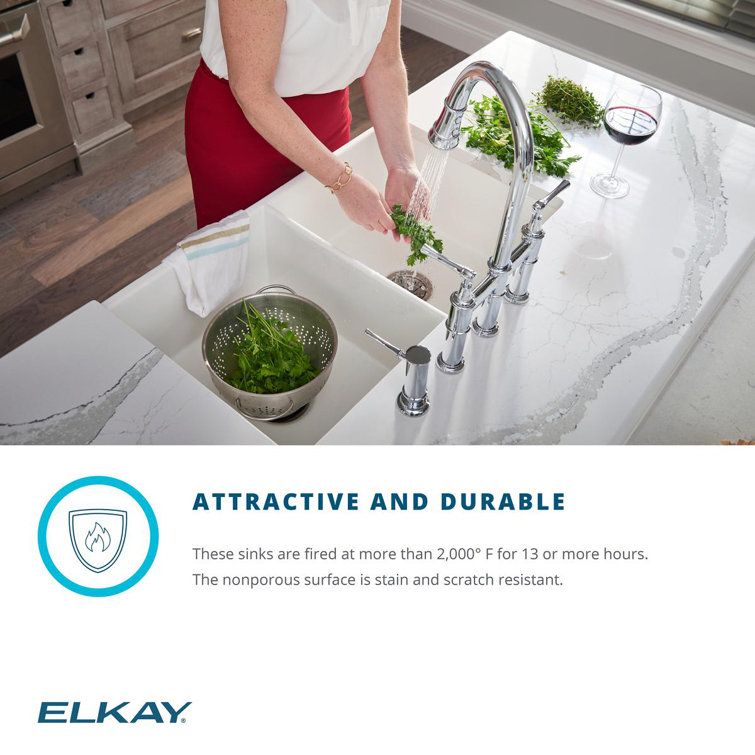 Elkay 33" White Fireclay Double Bowl Farmhouse Sink