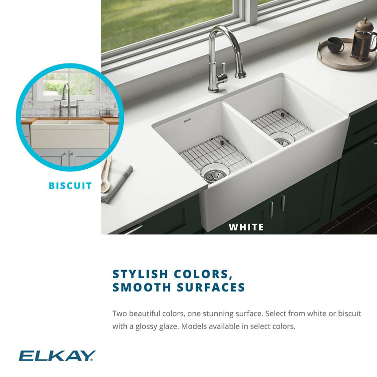 Elkay 33" White Fireclay Double Bowl Farmhouse Sink