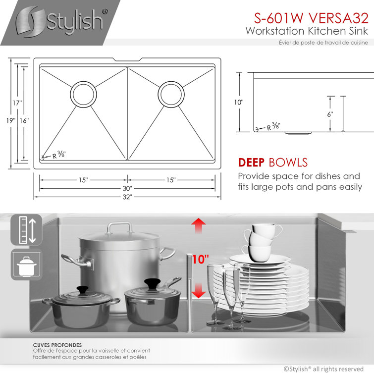 32" Stainless Steel Double Bowl Workstation Kitchen Sink with Accessories