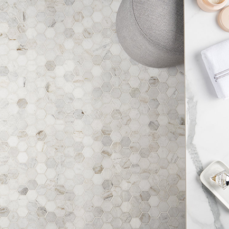 Frost White Polished Marble Hexagon Mosaic Tile 12" x 12"