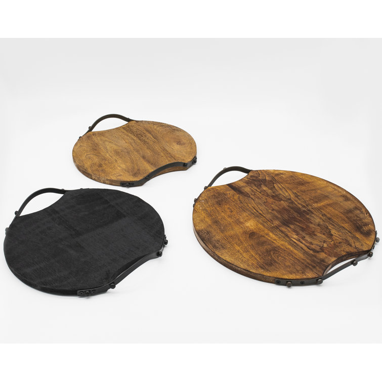 Rustic Acacia Wood & Metal Handled Round Tray, 13"