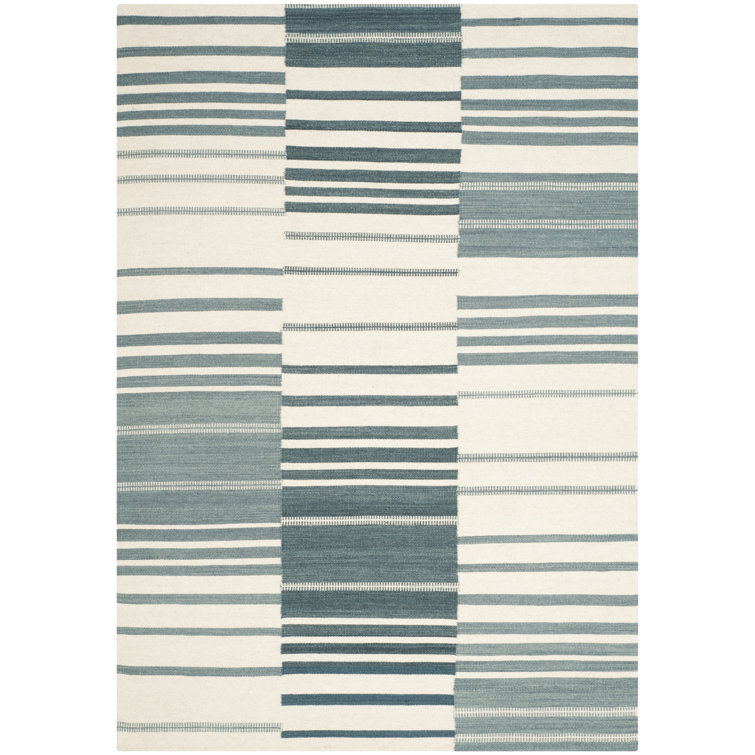 Handwoven Nomadic Ivory & Blue Wool Kilim Rug, 5' x 8'