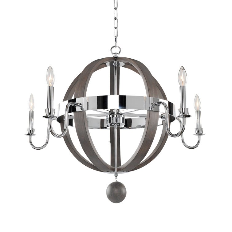 Chrome and Ash Wood 5-Light Modern Farmhouse Chandelier