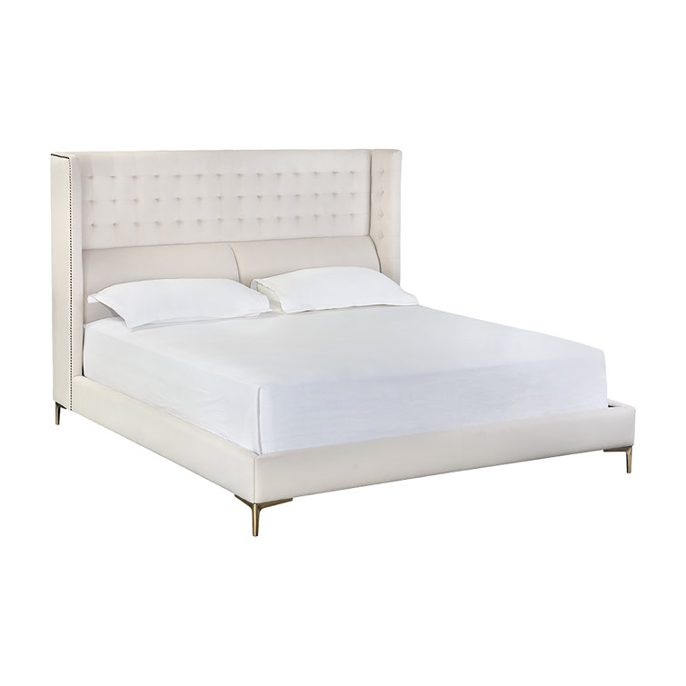 White Tufted Upholstered King Platform Bed with Metal Frame