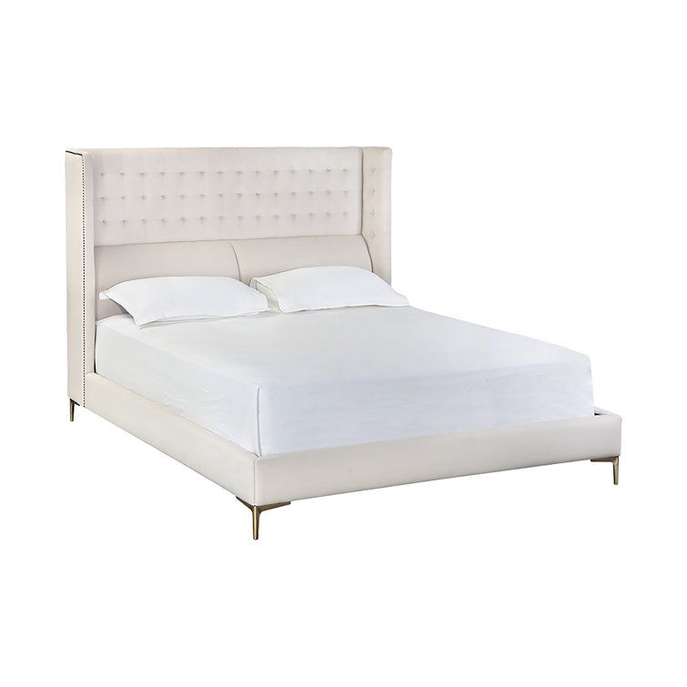 Queen White Upholstered Platform Bed with Tufted Headboard