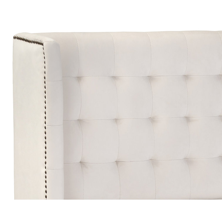 Queen White Upholstered Platform Bed with Tufted Headboard