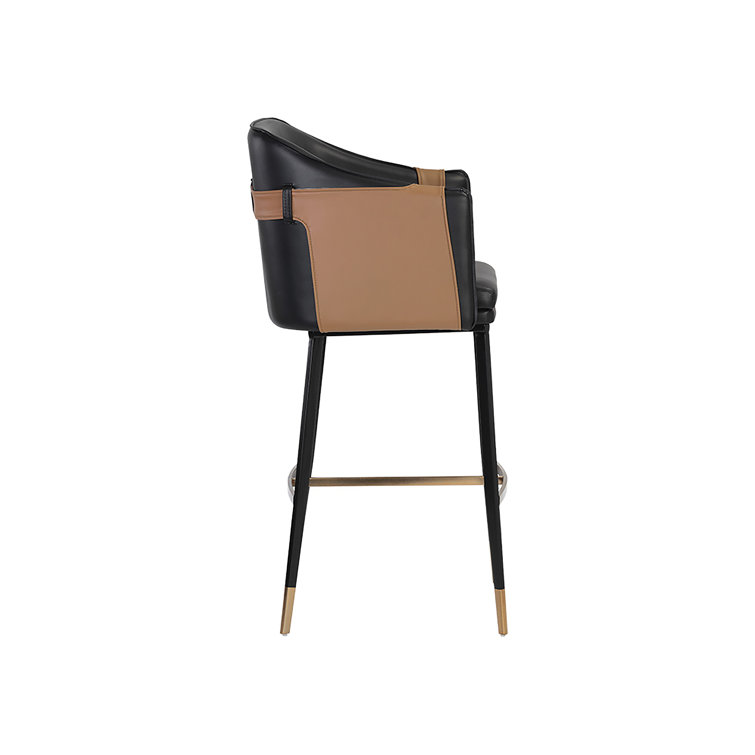 Napa Black and Cognac Barrel Back Barstool with Black Steel Legs
