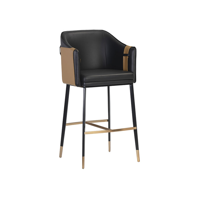 Napa Black and Cognac Barrel Back Barstool with Black Steel Legs