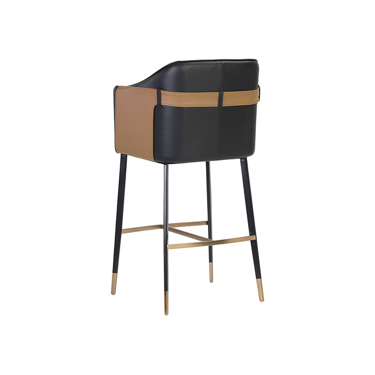 Napa Black and Cognac Barrel Back Barstool with Black Steel Legs