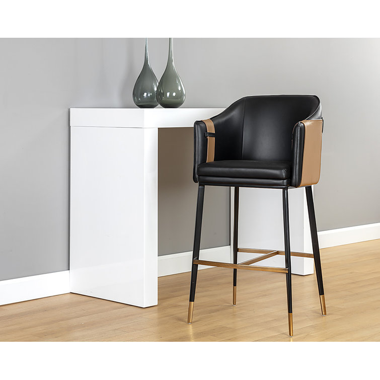 Napa Black and Cognac Barrel Back Barstool with Black Steel Legs