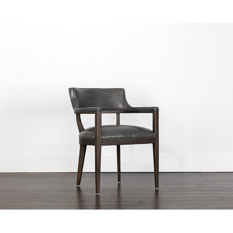 Mid-Century Charcoal Leather Arm Chair with Brown Oak Frame