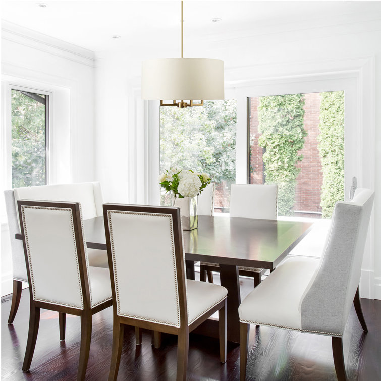Emery 60'' Matte Brass Drum Pendant with Beige Fabric Shade