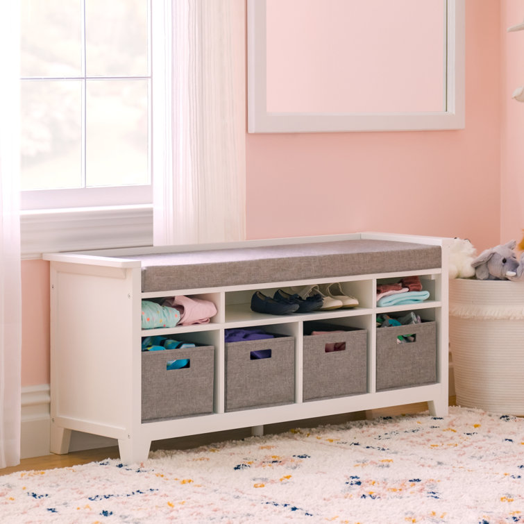 Creamy White Kids' Multi-Use Storage Bench with Cushion & Bins