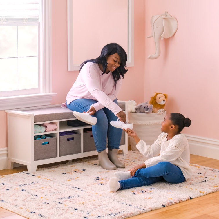 Creamy White Kids' Multi-Use Storage Bench with Cushion & Bins