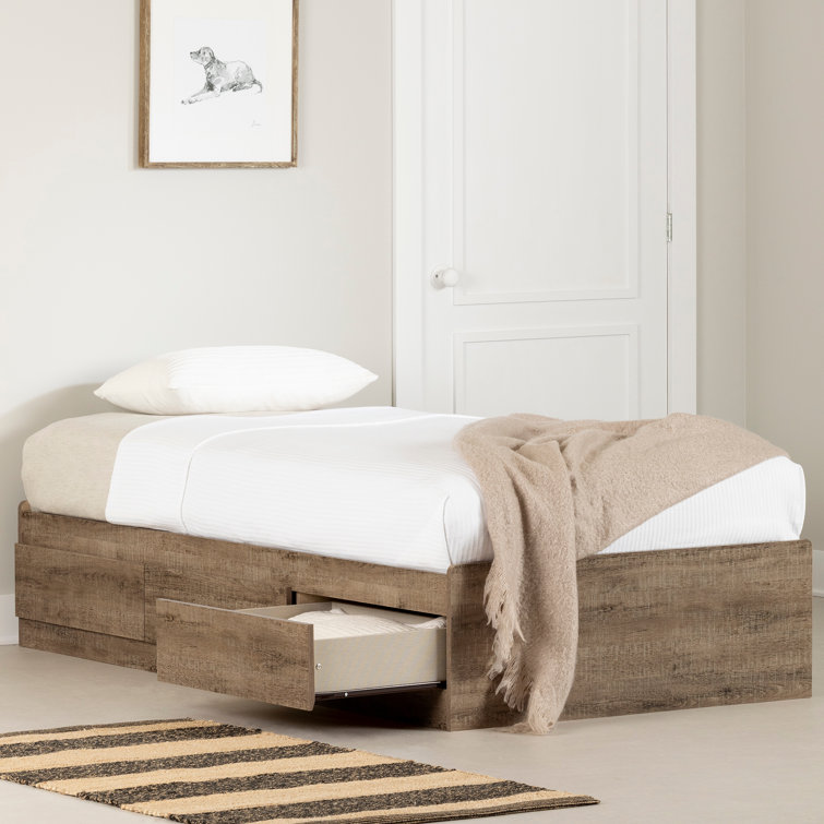 White Twin Wood Frame Platform Bed with Storage Drawers