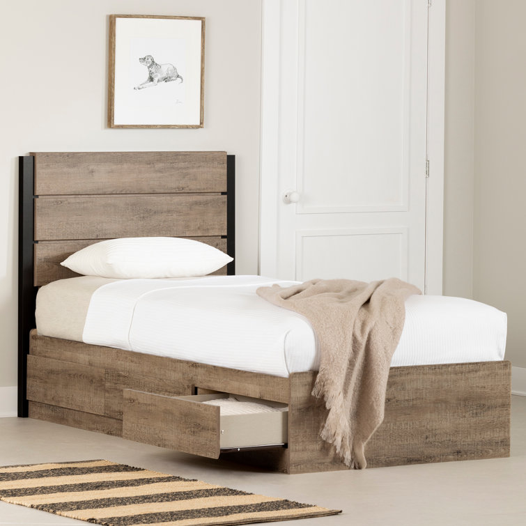 Twin Weathered Oak Platform Bed with Storage Drawers