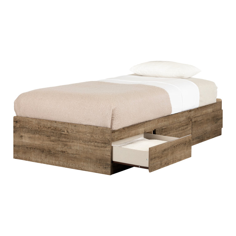 White Twin Wood Frame Platform Bed with Storage Drawers
