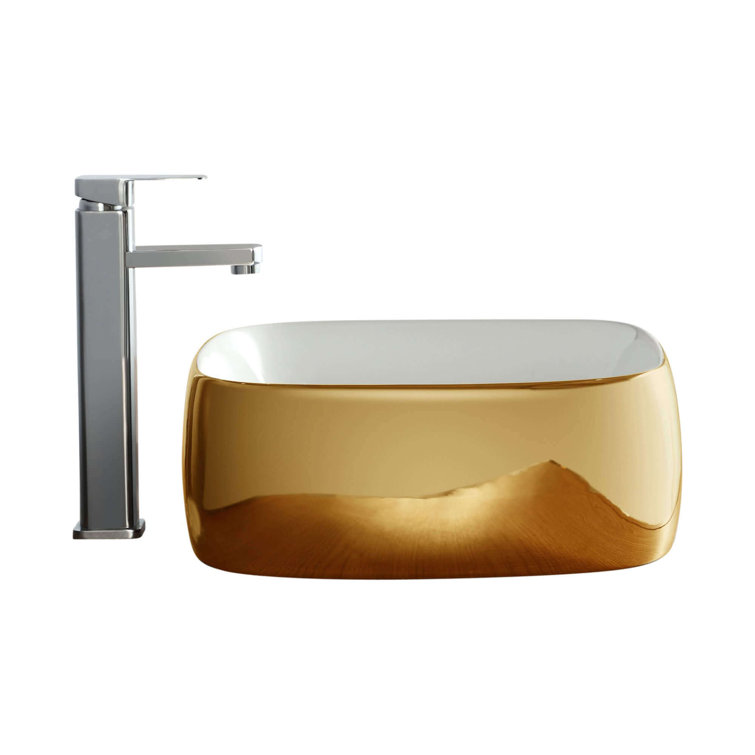 Gold and White Ceramic Square Vessel Bathroom Sink