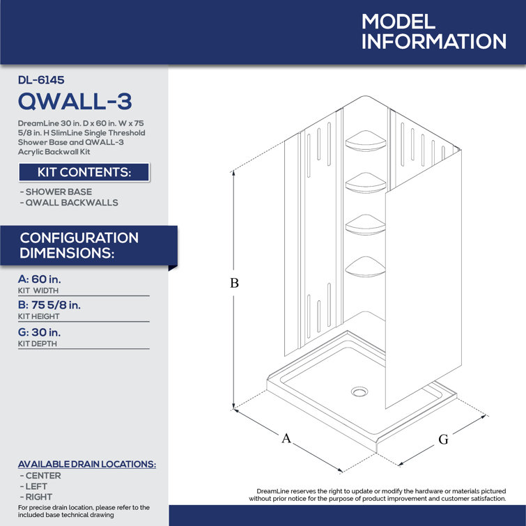 White Acrylic 60" x 36" Alcove Shower Kit with Shelves