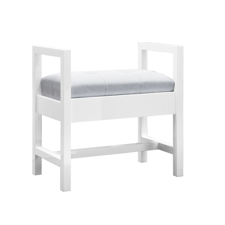 Addison Glossy White Upholstered Bench with Gray Cushion