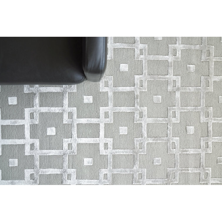 Silver Geometric Hand-Knotted Wool and Viscose Area Rug 8' x 10'