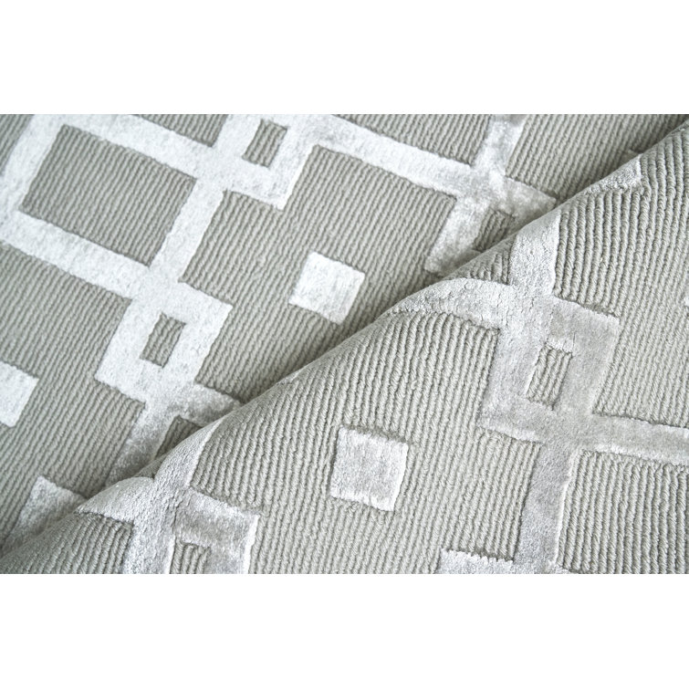 Silver Geometric Hand-Knotted Wool and Viscose Area Rug 8' x 10'