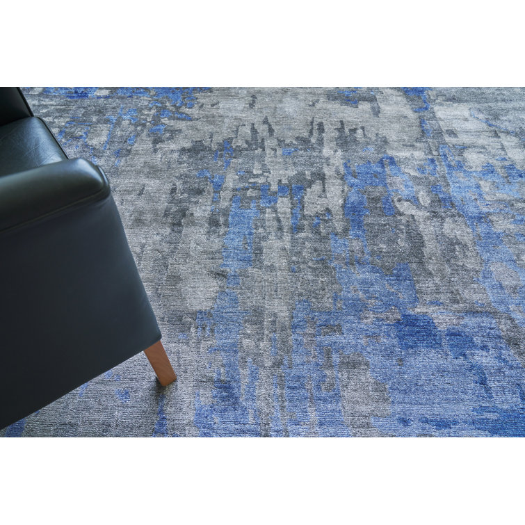 Hand-Knotted Blue Abstract Viscose Cotton 10' x 14' Rug
