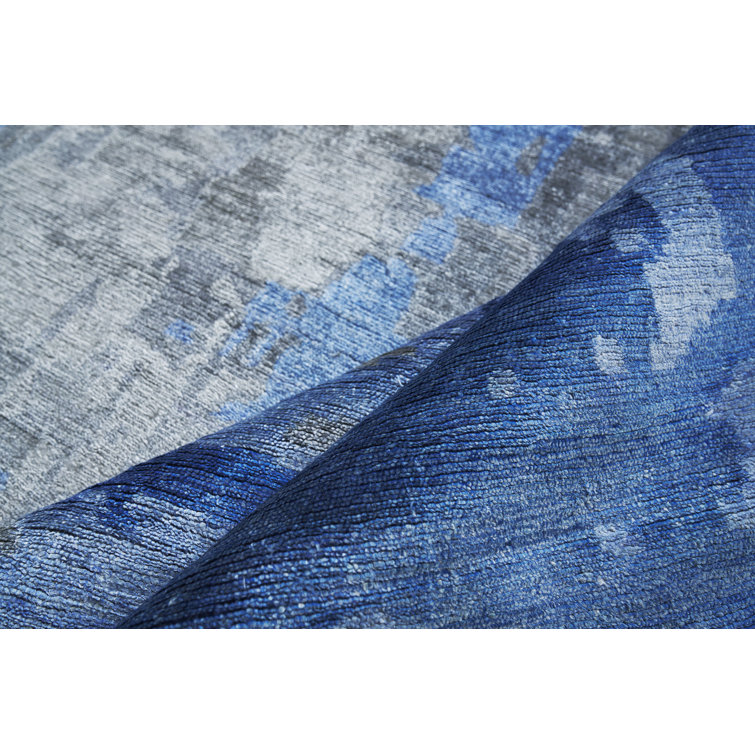 Hand-Knotted Blue Abstract Viscose Cotton 10' x 14' Rug