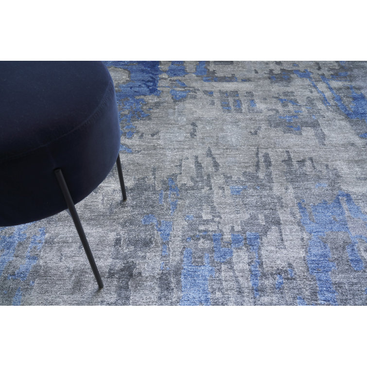 Hand-Knotted Blue Abstract Viscose Cotton 10' x 14' Rug