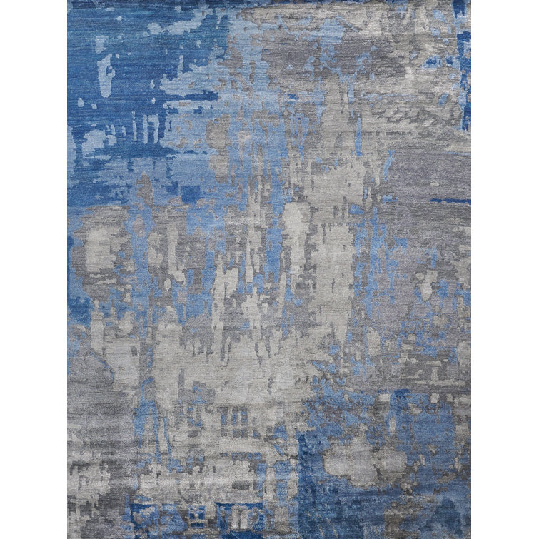 Hand-Knotted Blue Abstract Viscose Cotton 10' x 14' Rug