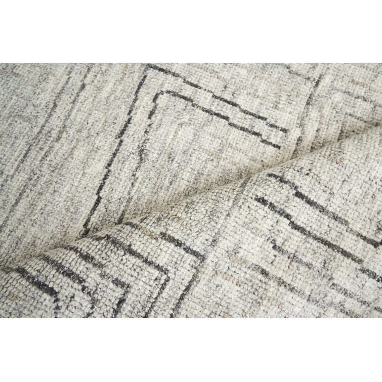 Ivory Geometric Hand-Knotted Wool and Viscose Rug, 10' x 14'