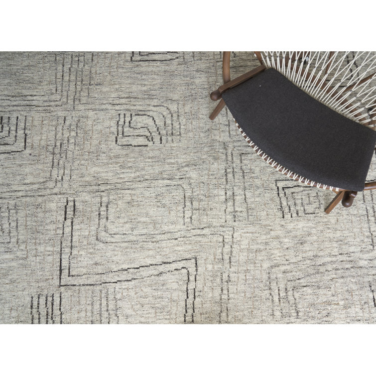 Ivory Geometric Hand-Knotted Wool and Viscose Rug, 10' x 14'
