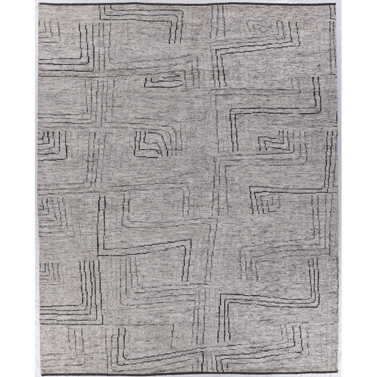 Ivory Geometric Hand-Knotted Wool and Viscose Rug, 10' x 14'