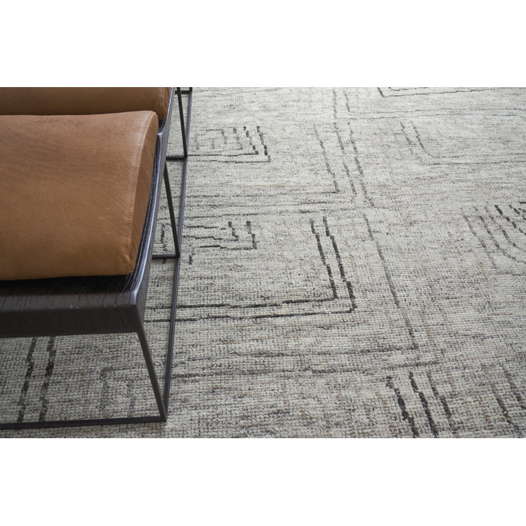 Ivory Geometric Hand-Knotted Wool and Viscose Rug, 10' x 14'