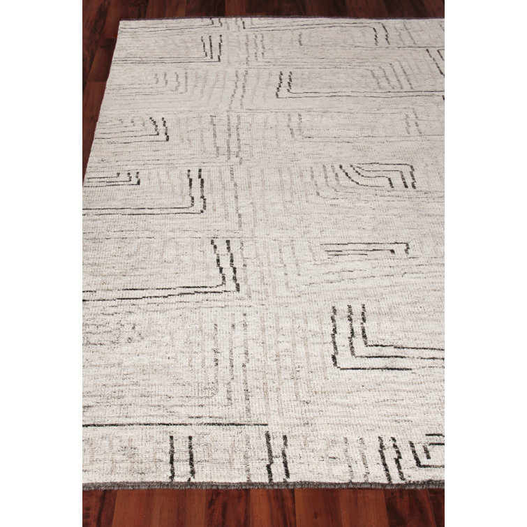 Ivory Geometric Hand-Knotted Wool and Viscose Rug, 10' x 14'