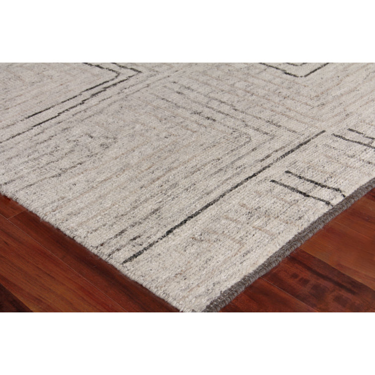 Ivory Geometric Hand-Knotted Wool and Viscose Rug, 10' x 14'