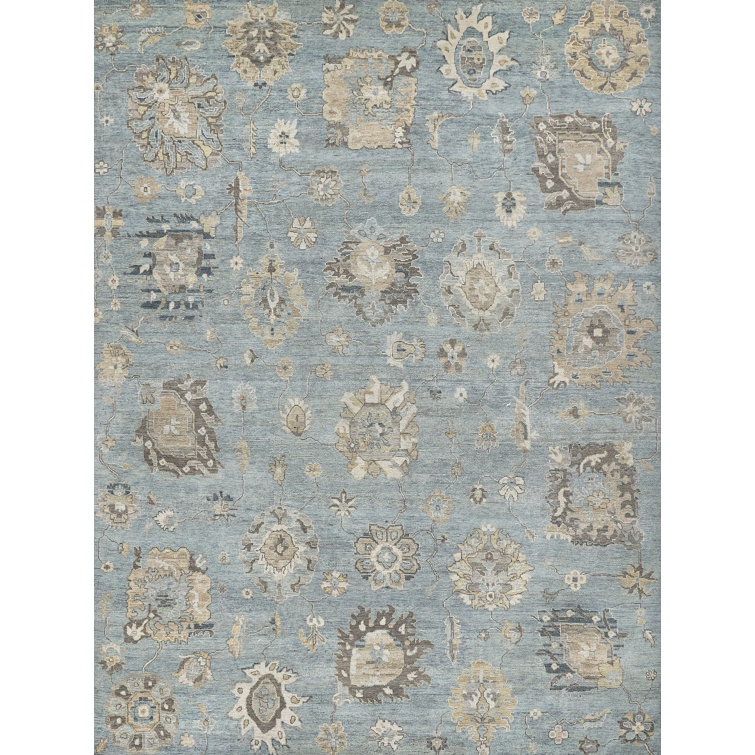 Heirloom Light Blue and Gold Hand-Knotted Wool Floral Rug 8' x 10'
