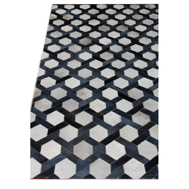 Handmade Blue and White Geometric Cowhide Rectangular Rug