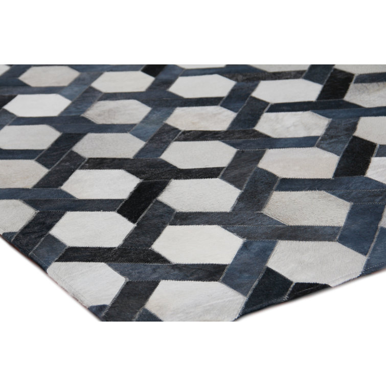 Handmade Blue and White Geometric Cowhide Rectangular Rug
