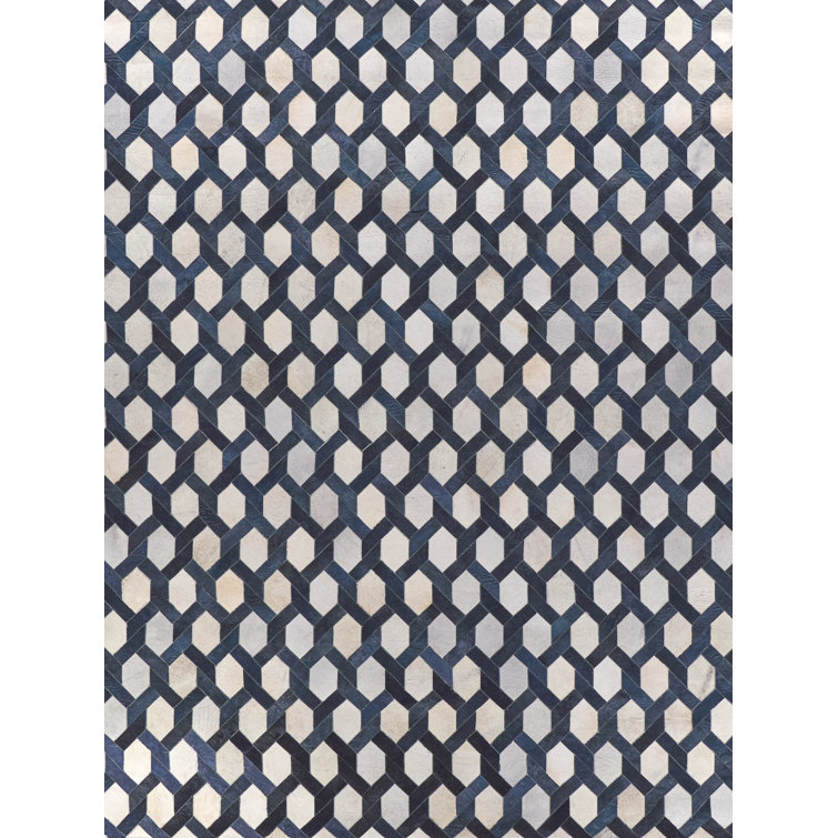Handmade Blue and White Geometric Cowhide Rectangular Rug