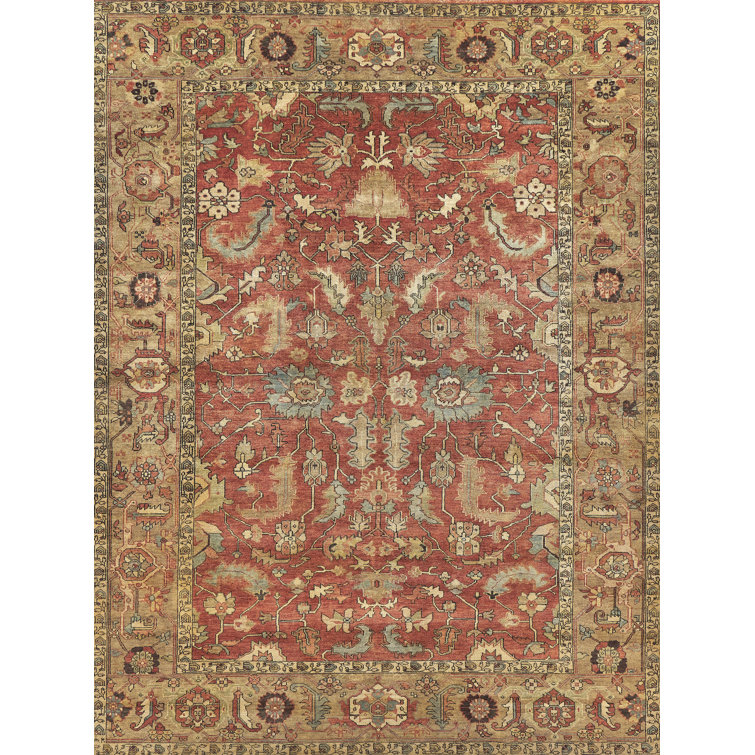 Hand-Knotted Rust and Gold Wool 8' x 10' Oriental Rug