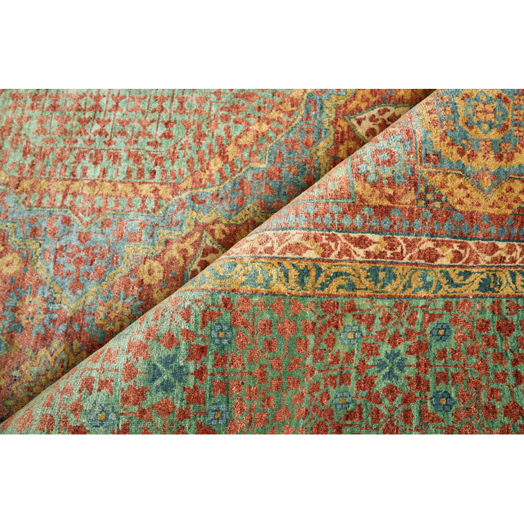 Hand-Knotted Green and Rust Wool 8' x 10' Area Rug