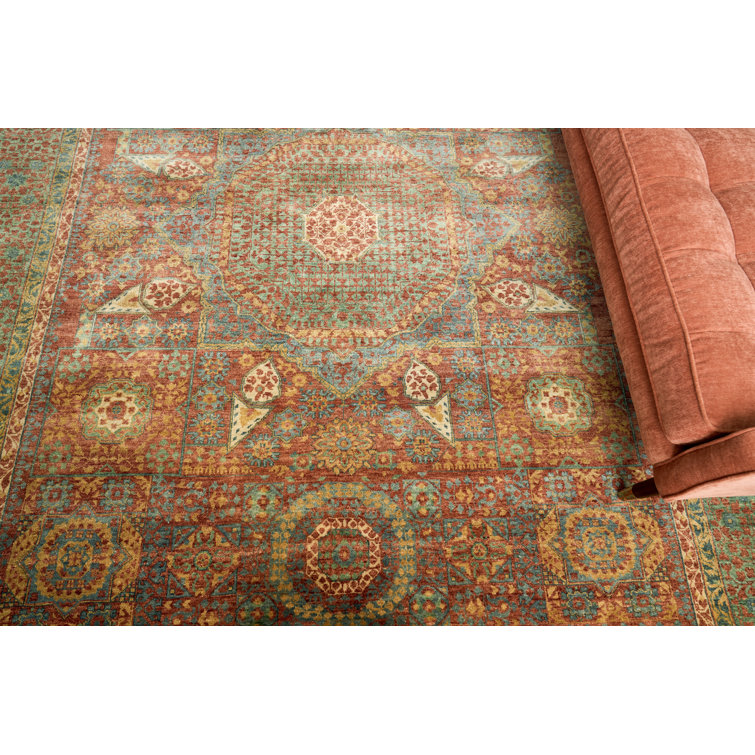 Hand-Knotted Green and Rust Wool 8' x 10' Area Rug