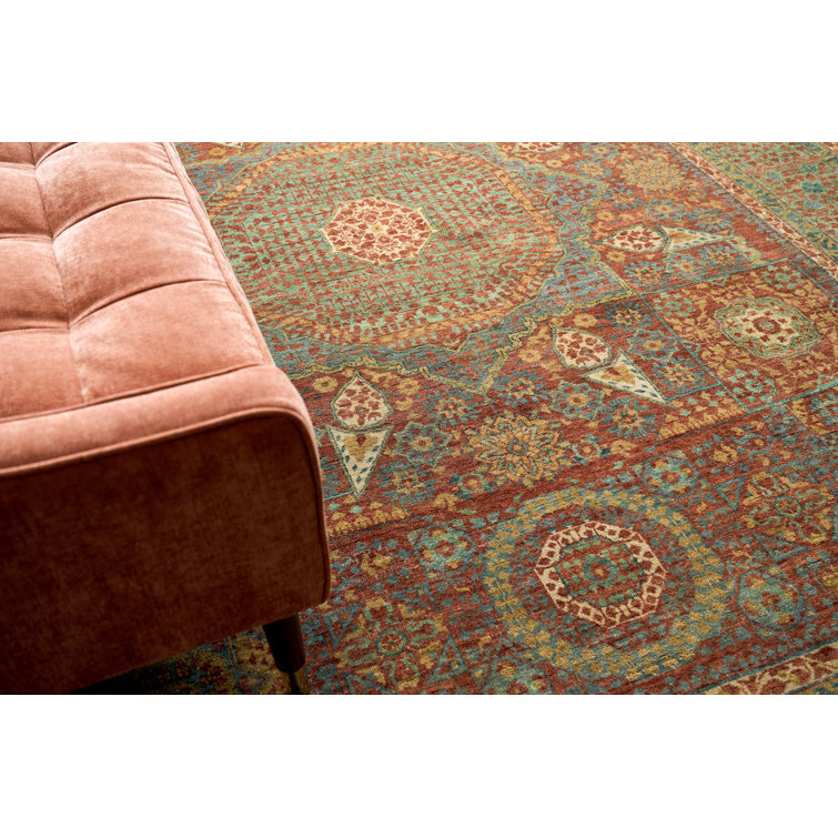 Hand-Knotted Green and Rust Wool 8' x 10' Area Rug