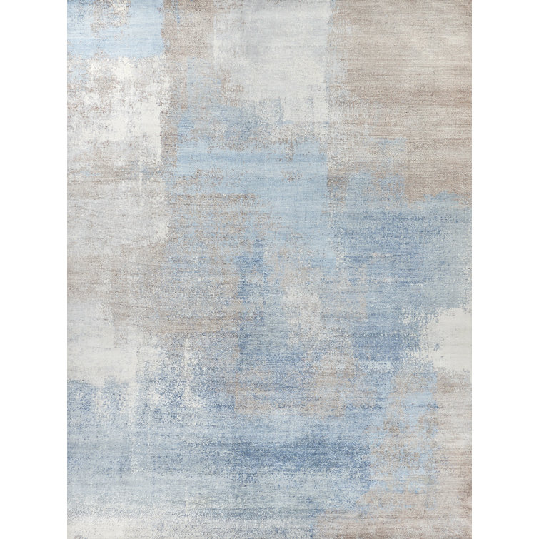 Mori Silk Hand-Knotted Abstract Blue Silk Area Rug, 8' x 10'