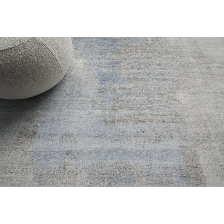 Mori Silk Hand-Knotted Abstract Blue Silk Area Rug, 8' x 10'