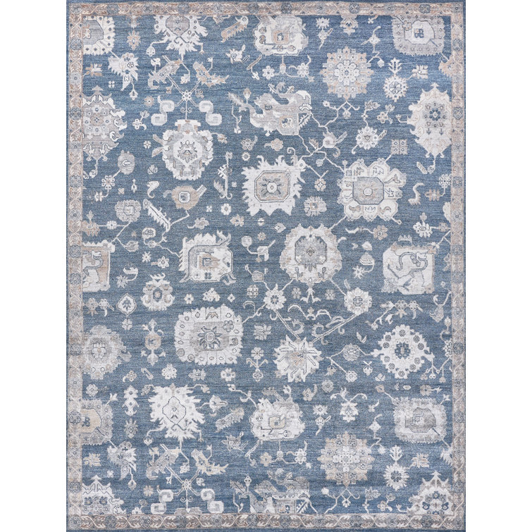 Navy and Beige Hand-Knotted Viscose Cotton 9' x 12' Area Rug