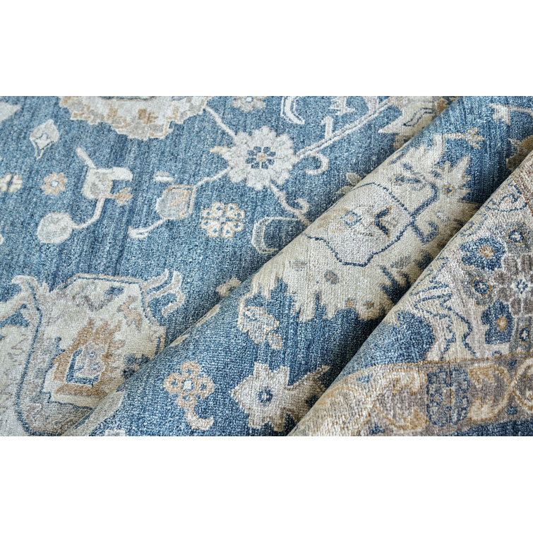 Navy and Beige Hand-Knotted Viscose Rectangular Rug 6' x 9'