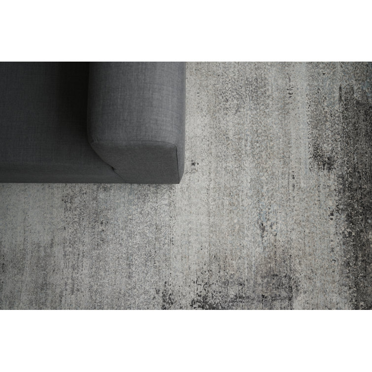 Hand-Knotted Ivory and Dark Gray Silk Abstract Rug